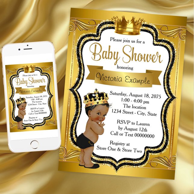 Invitación Baby Shower de Prince afroamericano negro y dorado (Instant Download Black Gold Prince Baby Shower Invitation. Printed invitations available.)