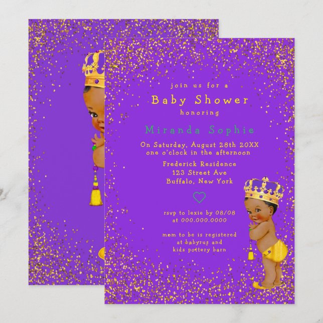 Invitación Baby Shower de Prince Purple y Gold Boy (Anverso / Reverso)