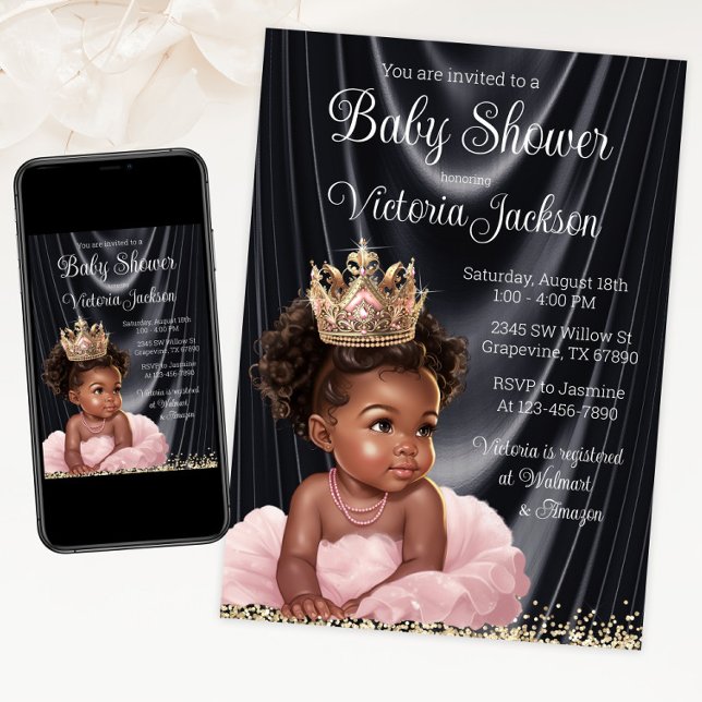 Invitación Baby Shower de princesa africana rosa (African princess pink and gold tutu and crown. Instant download and print.)