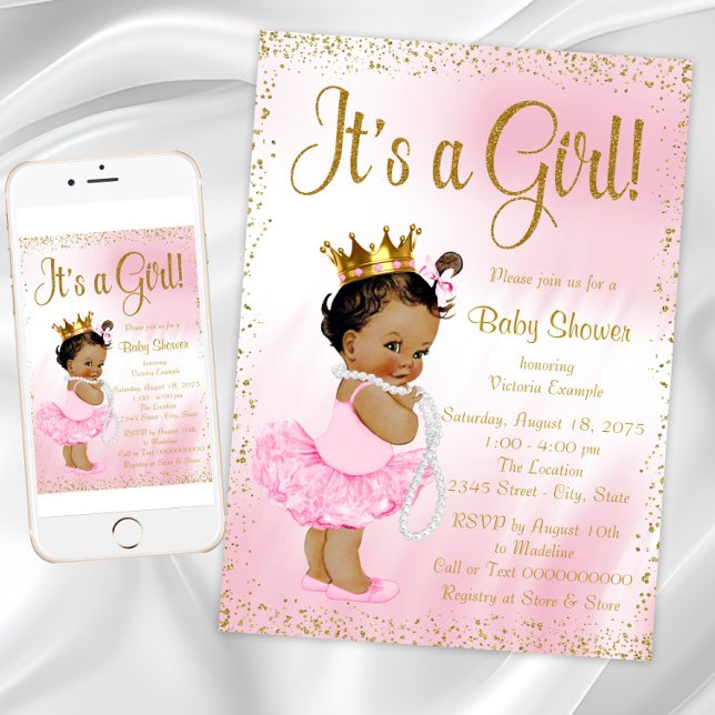 Invitación Baby Shower de princesa afroamericana de oro rosa (Pink Gold African American Princess Baby Shower Invitation. Download - Printed invitations available)