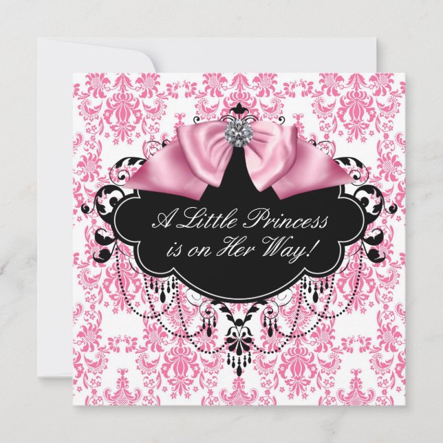 Invitación Baby Shower de Princesa de Damasco Negro Rosa (Anverso)