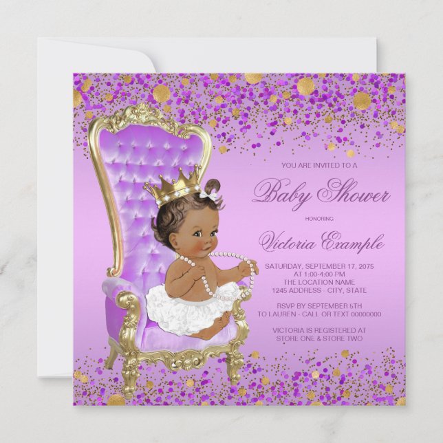 Invitación Baby Shower de Princesa Étnica de Oro Púrpura (Anverso)