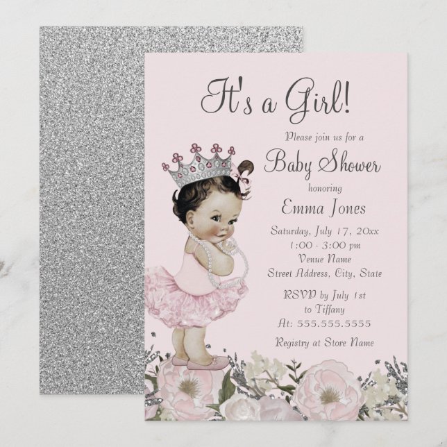 Invitación Baby Shower de Princesa Floral Plata Ro (Anverso / Reverso)