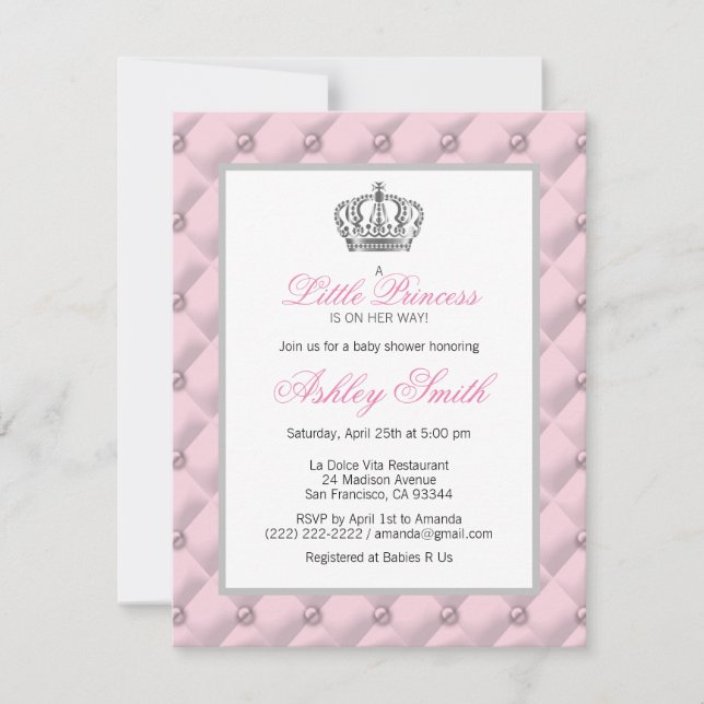 Invitación Baby Shower de Princesa Rosa Plata (Anverso)