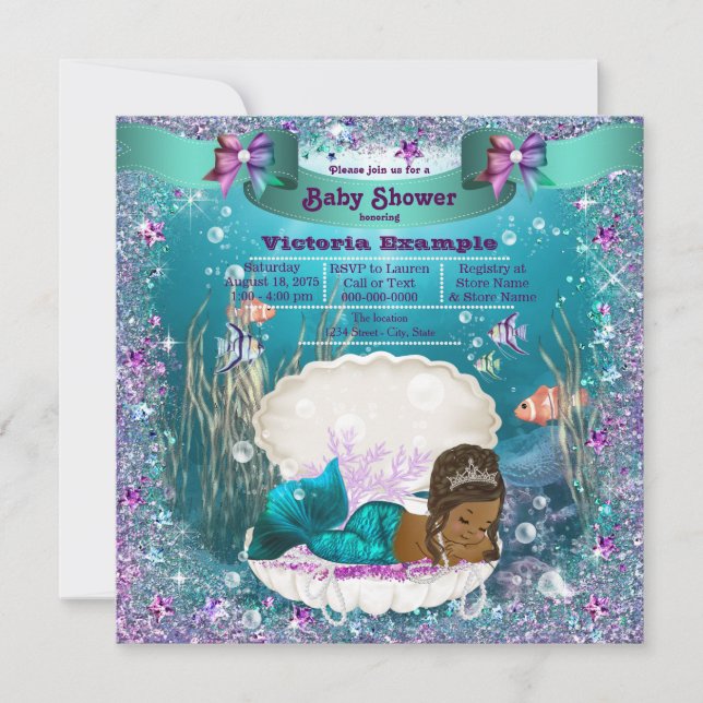 Invitación Baby Shower de Princesa Sirena Afroamericana (Anverso)