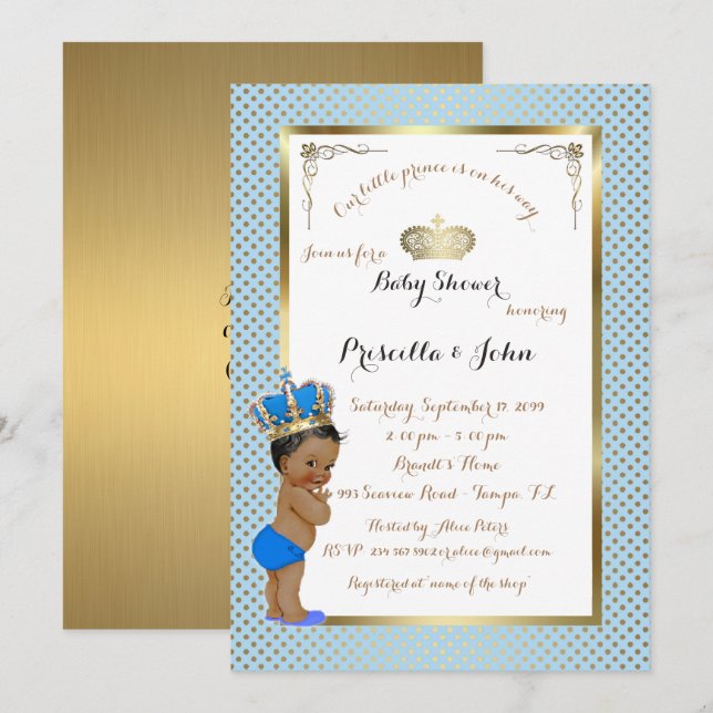 Invitación Baby Shower de Principito, oro, azul (Anverso / Reverso)