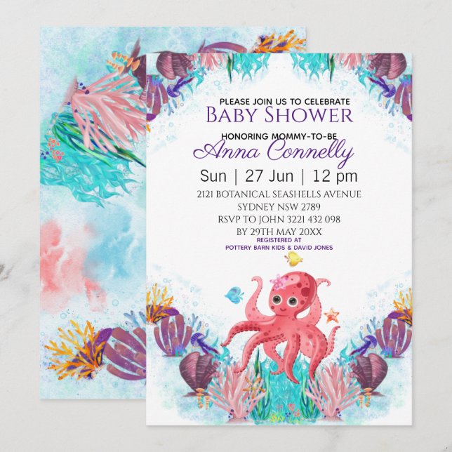 Invitación Baby Shower de pulpo rosa colorido del océano (Anverso / Reverso)