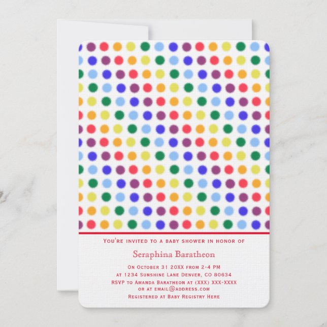 Invitación Baby Shower de punto de polka arcoiris moderno mín (Anverso)