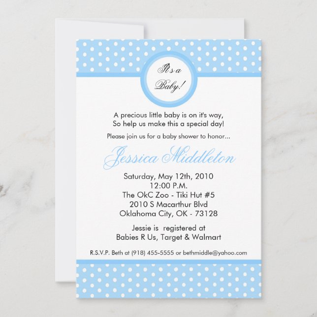 Invitación Baby Shower de punto de polka azul clar (Anverso)