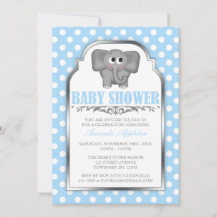 Invitación Baby Shower de punto de polka azul para elefante c