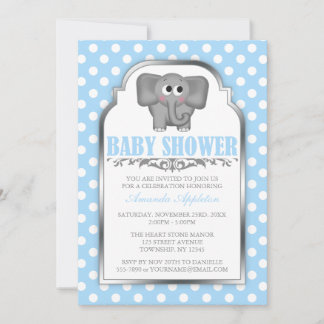 Invitación Baby Shower de punto de polka azul para elefante c