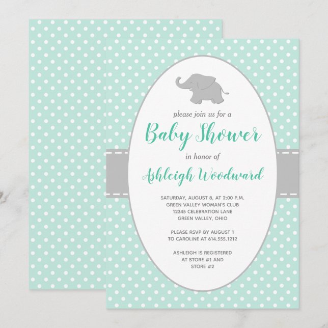 Invitación Baby Shower de punto de polka gris verde de la men (Anverso / Reverso)