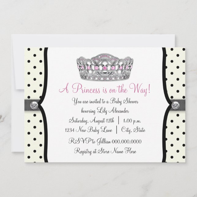 Invitación Baby Shower de Punto de Polka Negro Rosa Princesa (Anverso)