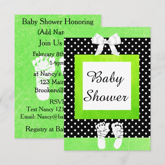Invitación Baby Shower de Punto de Polka Negro y Verde Lime i (Anverso / Reverso)