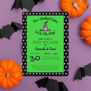 Invitación Baby Shower de punto de polka negro y verde malvad