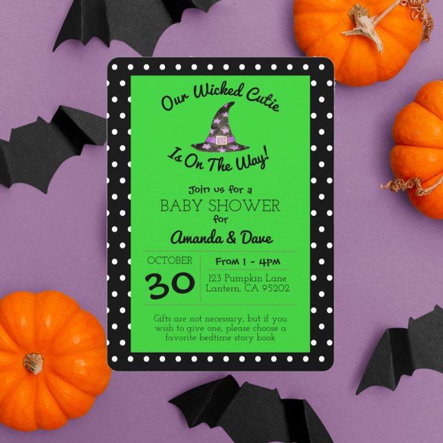 Invitación Baby Shower de punto de polka negro y verde malvad (Subido por el creador)
