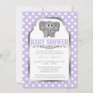 Invitación Baby Shower de punto de polka púrpura de elefante