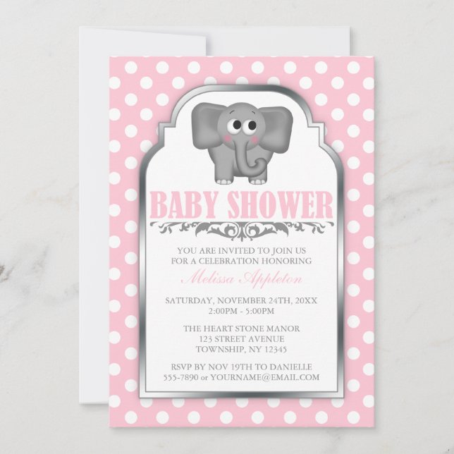 Invitación Baby Shower de punto de polka rosa de elefante bla (Anverso)