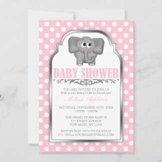 Invitación Baby Shower de punto de polka rosa de elefante bla