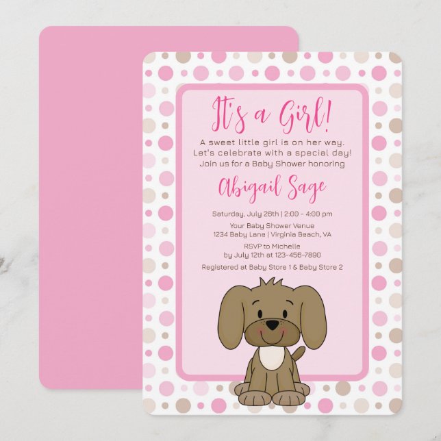 Invitación Baby Shower de punto de polka rosa de perro de cac (Anverso / Reverso)