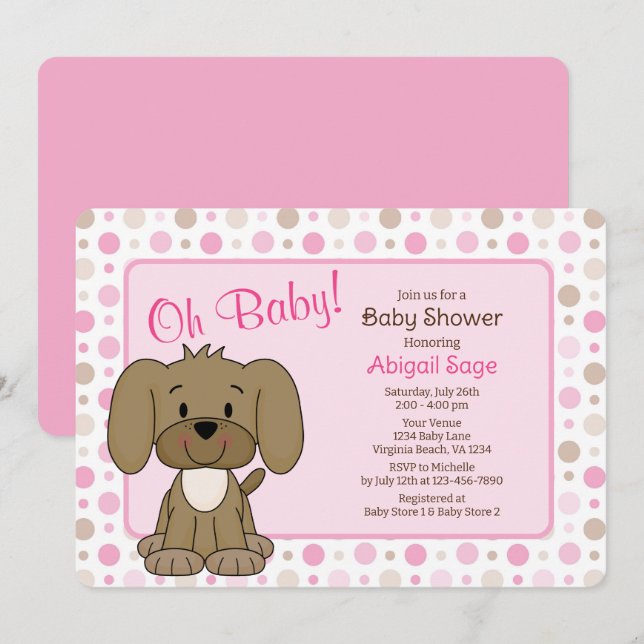 Invitación Baby Shower de punto de polka rosa de perro de cac (Anverso / Reverso)