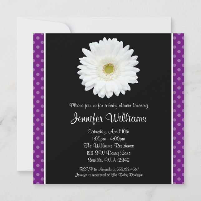 Invitación Baby Shower de punto polaco morado de Gerbera blan (Anverso)