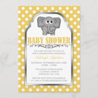 Invitación Baby Shower de punto polka amarillo elefante