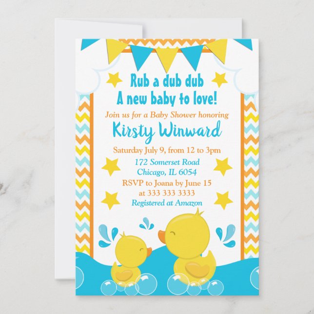Invitación Baby Shower de punto polka amarillo y azul de goma (Anverso)