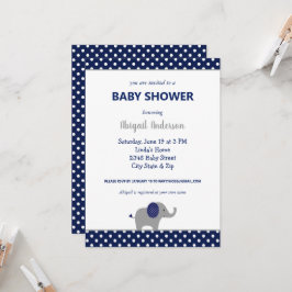 Invitación Baby Shower de Punto Polka Azul y Elefante Blanco 