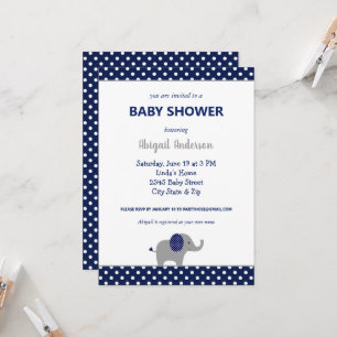 Invitación Baby Shower de Punto Polka Azul y Elefante Blanco