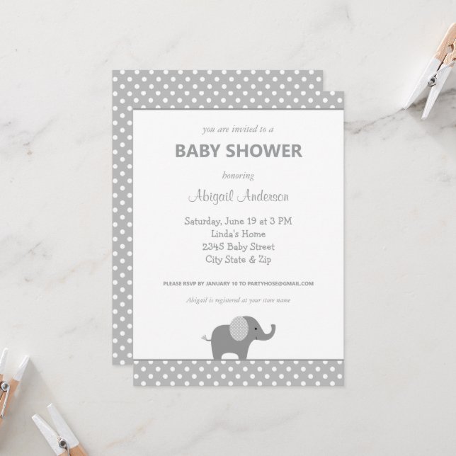 Invitación Baby Shower de Punto Polka Gris y Blanco (Anverso/Reverso In Situ)