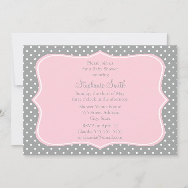 Invitación Baby Shower de Punto Polka Rosa Gris, Blanco y Pas (Anverso)