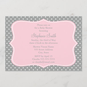 Invitación Baby Shower de Punto Polka Rosa Gris, Blanco y Pas