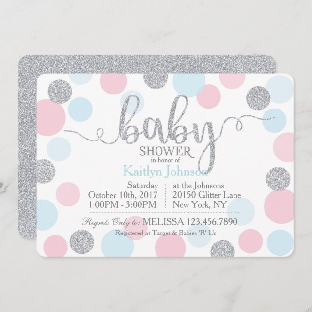 Invitación Baby Shower de puntos de dispersión azul rosado Pu (Anverso / Reverso)