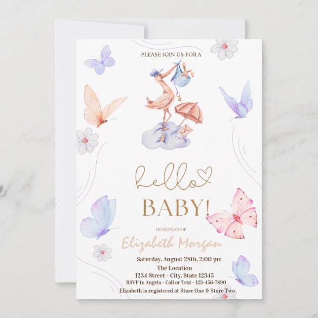 Invitación Baby Shower de puntos de mariposa de la cigüeña ac (Anverso)