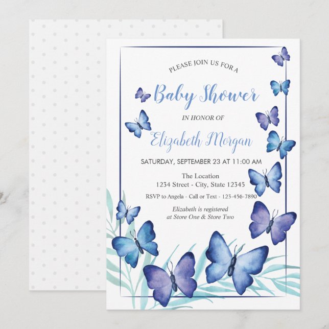 Invitación Baby Shower de puntos de mariposas violetas de col (Anverso / Reverso)