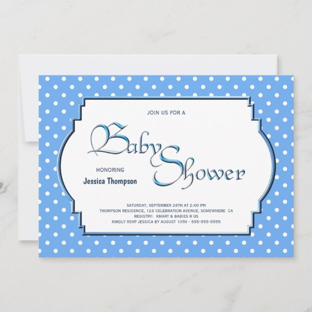 Invitación Baby Shower de puntos de polka azul pálido y blanc (Anverso)