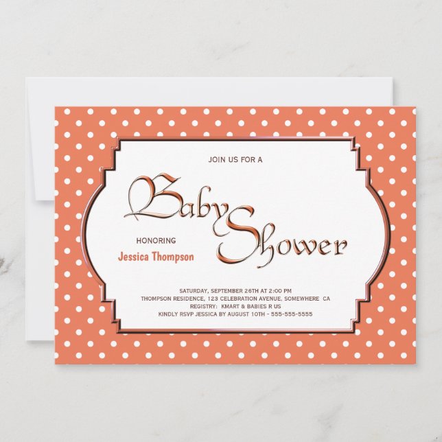 Invitación Baby Shower de puntos de polka blanco y naranja (Anverso)