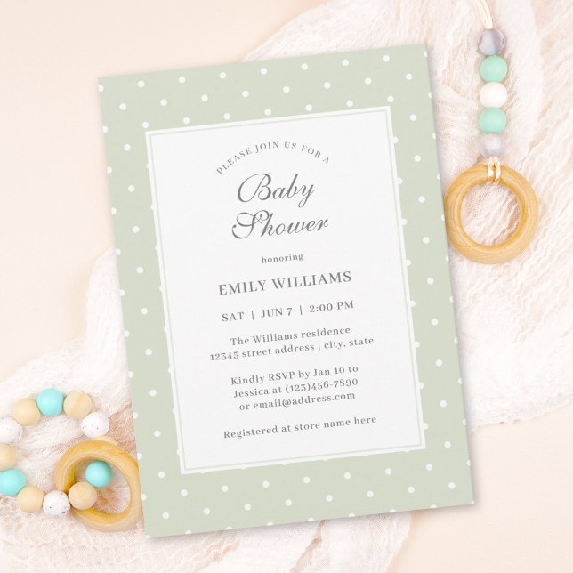 Invitación Baby Shower de puntos de polka blanco y verde sabi (Subido por el creador)