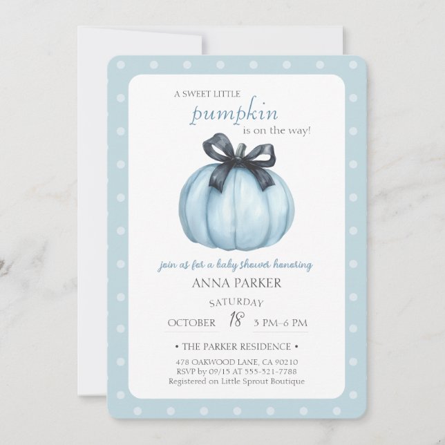 Invitación Baby Shower de puntos de polka de calabaza azul (Anverso)