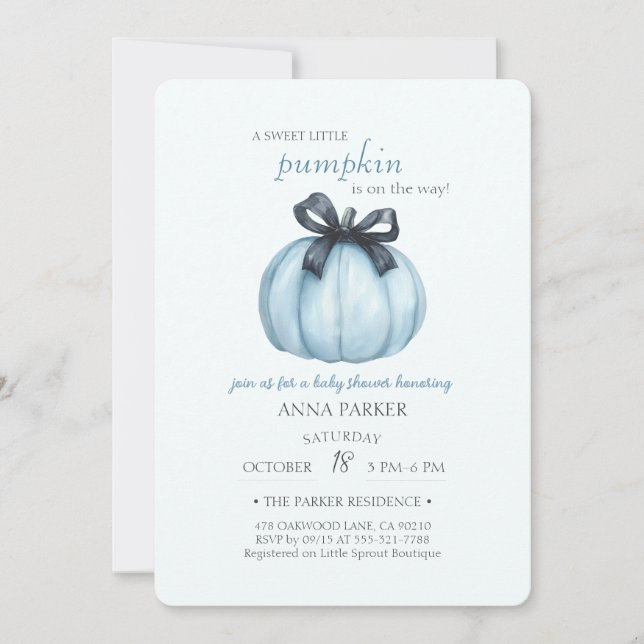 Invitación Baby Shower de puntos de polka de calabaza azul (Anverso)