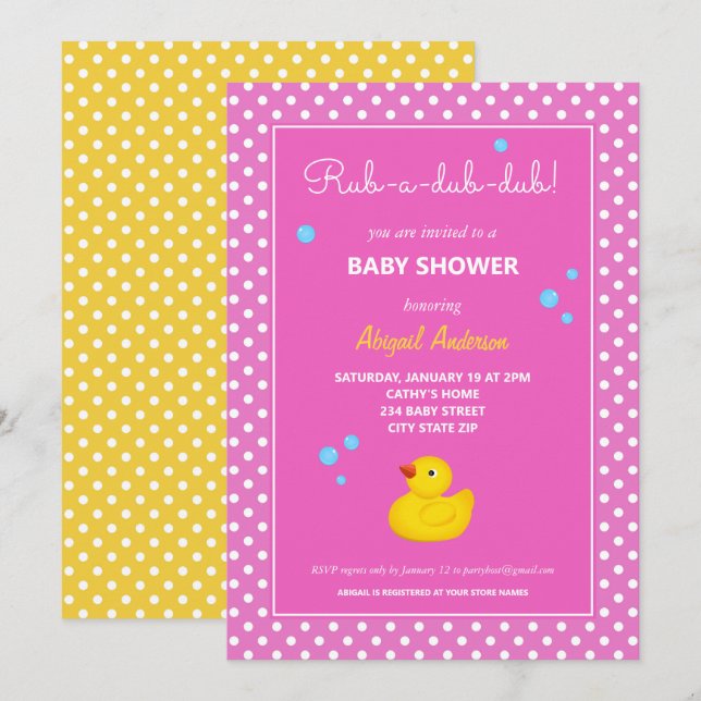 Invitación Baby Shower de puntos de polka de pato amarillo y  (Anverso / Reverso)