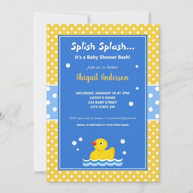 Invitación Baby Shower de puntos de polka del pato amarillo y (Anverso)