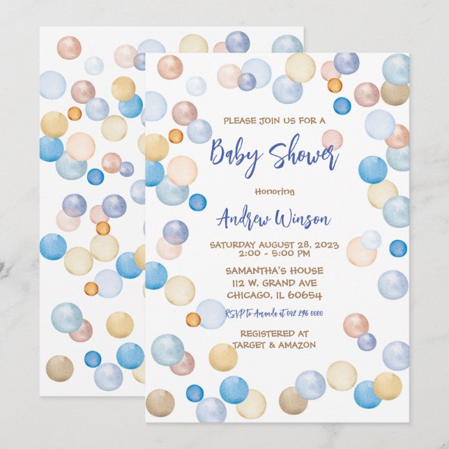 Invitación Baby Shower de puntos de polka marrón y azul