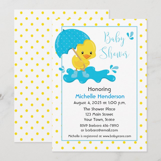 Invitación Baby Shower de puntos de polka, paraguas y pato am (Anverso / Reverso)