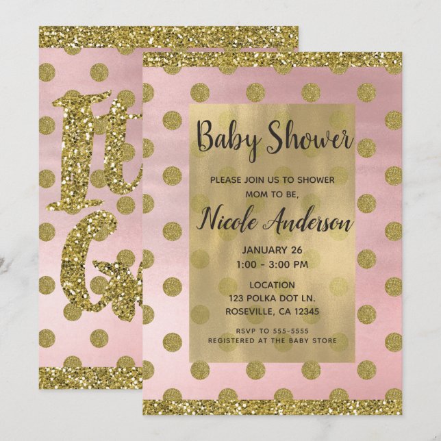 Invitación Baby Shower de puntos de Polka Purpurina rosa y do (Anverso / Reverso)