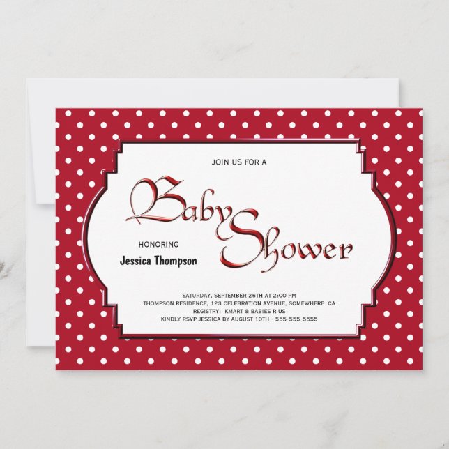 Invitación Baby Shower de puntos de polka rojo y blanco (Anverso)