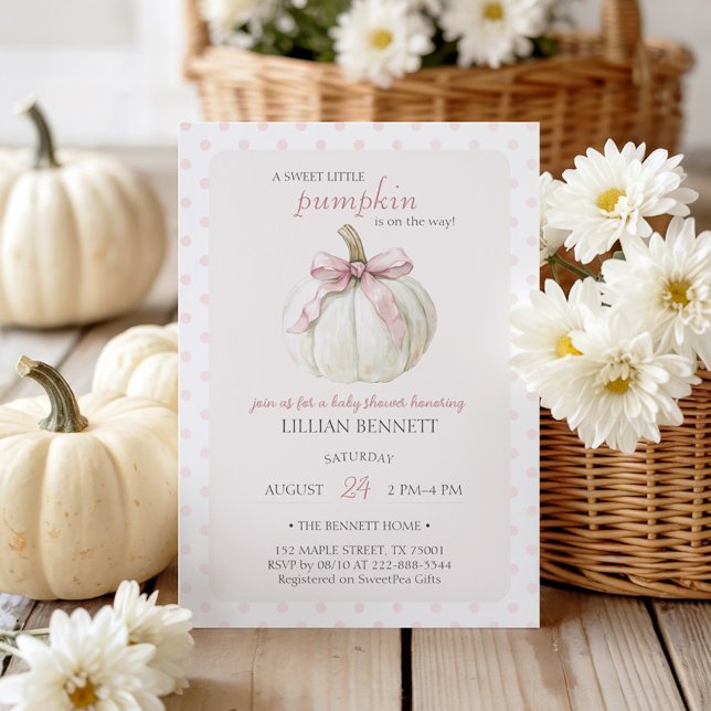 Invitación Baby Shower de puntos de polka rosa de calabaza bl (Subido por el creador)