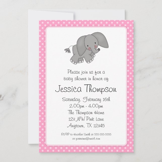 Invitación Baby Shower de puntos de polka rosa para elefantes (Anverso)