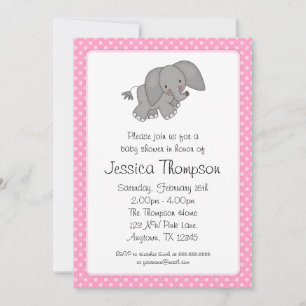 Invitación Baby Shower de puntos de polka rosa para elefantes